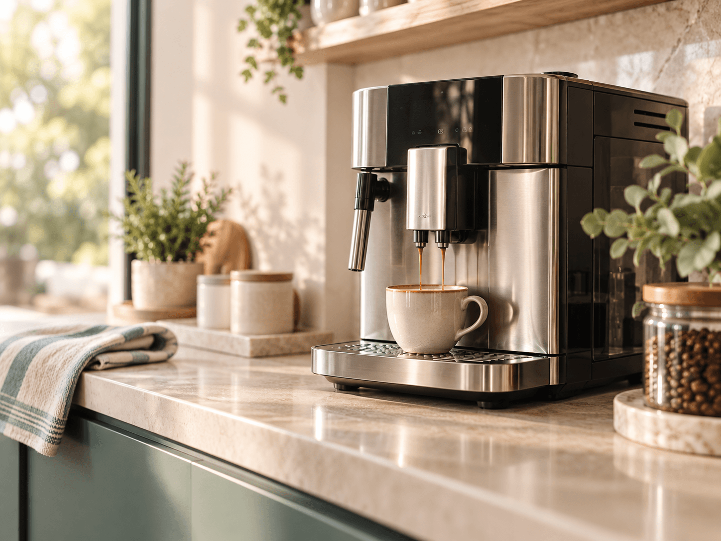 Machine à café dans une cuisine ensoleillée