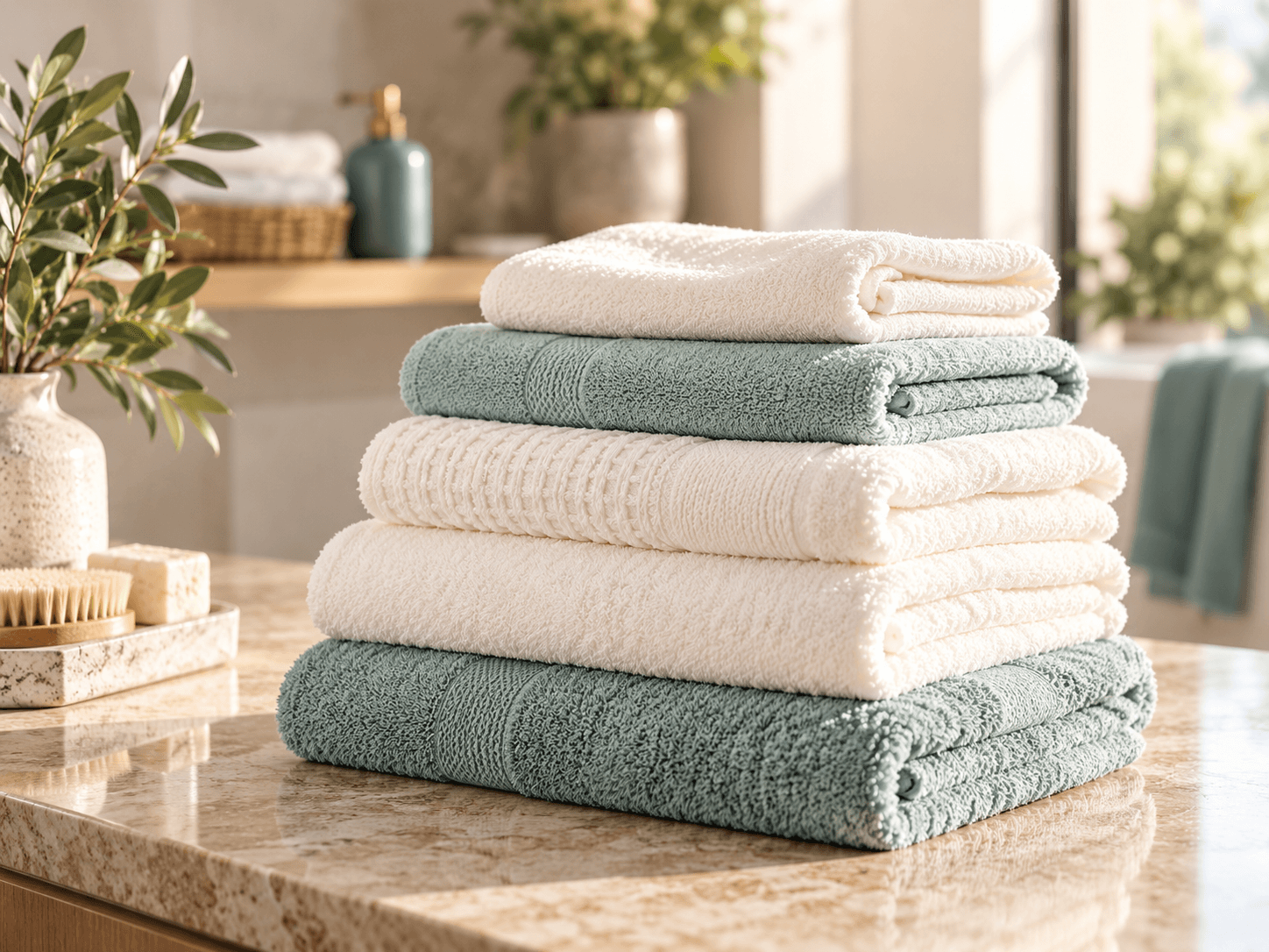 Serviettes moelleuses aux couleurs crème et vert sauge
