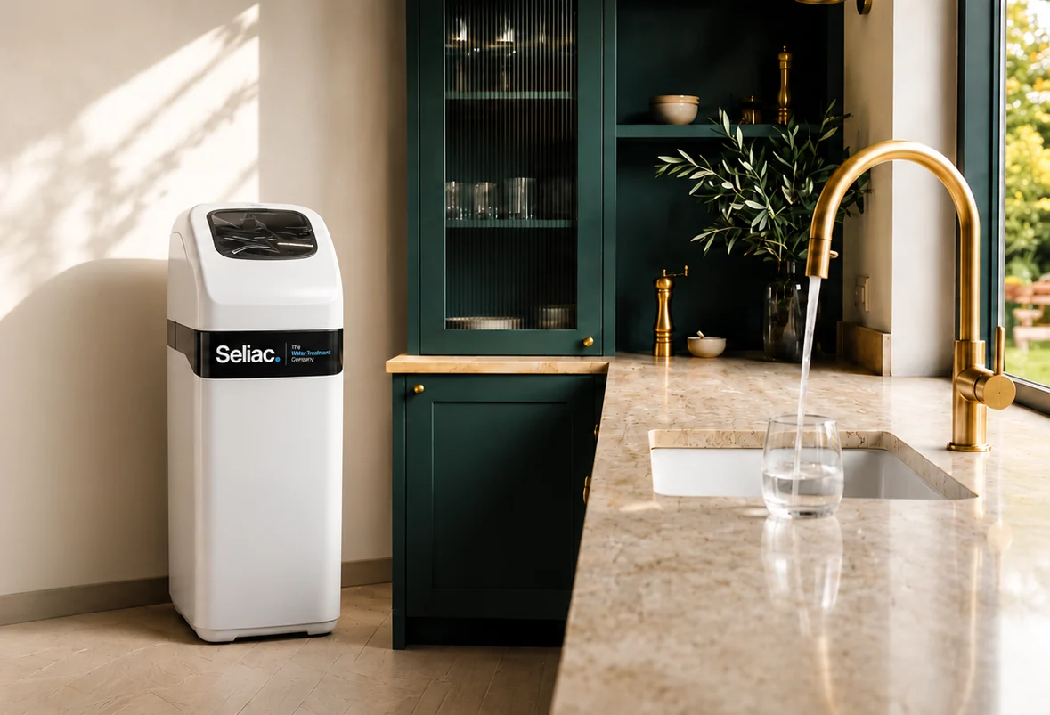 Adoucisseur d’eau compact dans une cuisine contemporaine avec robinet en laiton
