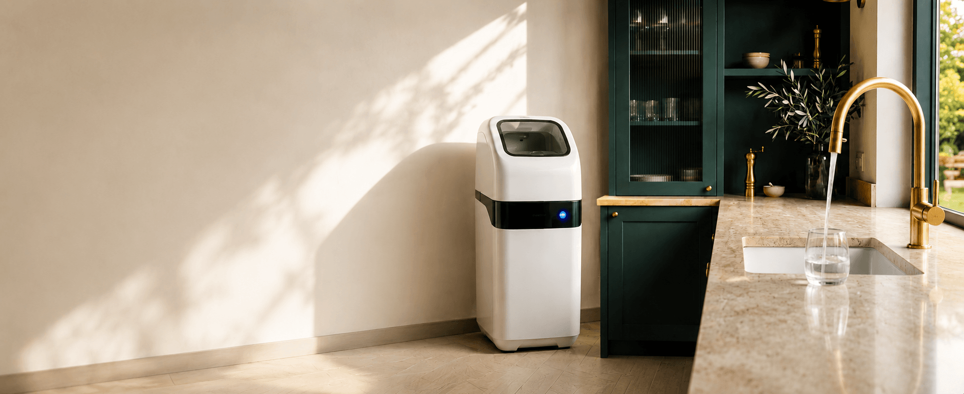 Adoucisseur d’eau Adoline installé dans une cuisine moderne au Luxembourg, avec robinet en laiton