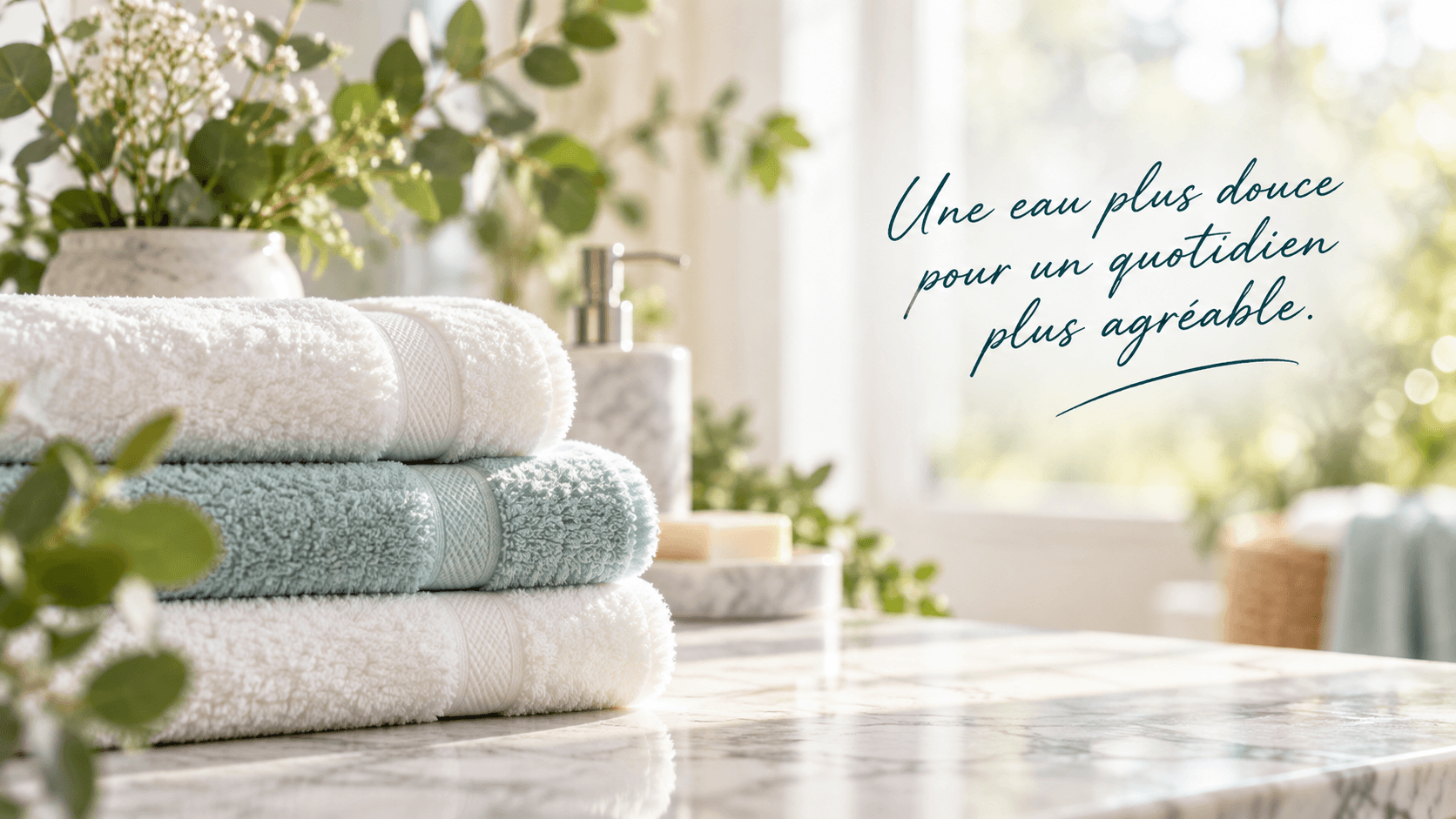 Serviettes moelleuses dans une salle de bain lumineuse. Une eau plus douce pour un quotidien plus agréable.