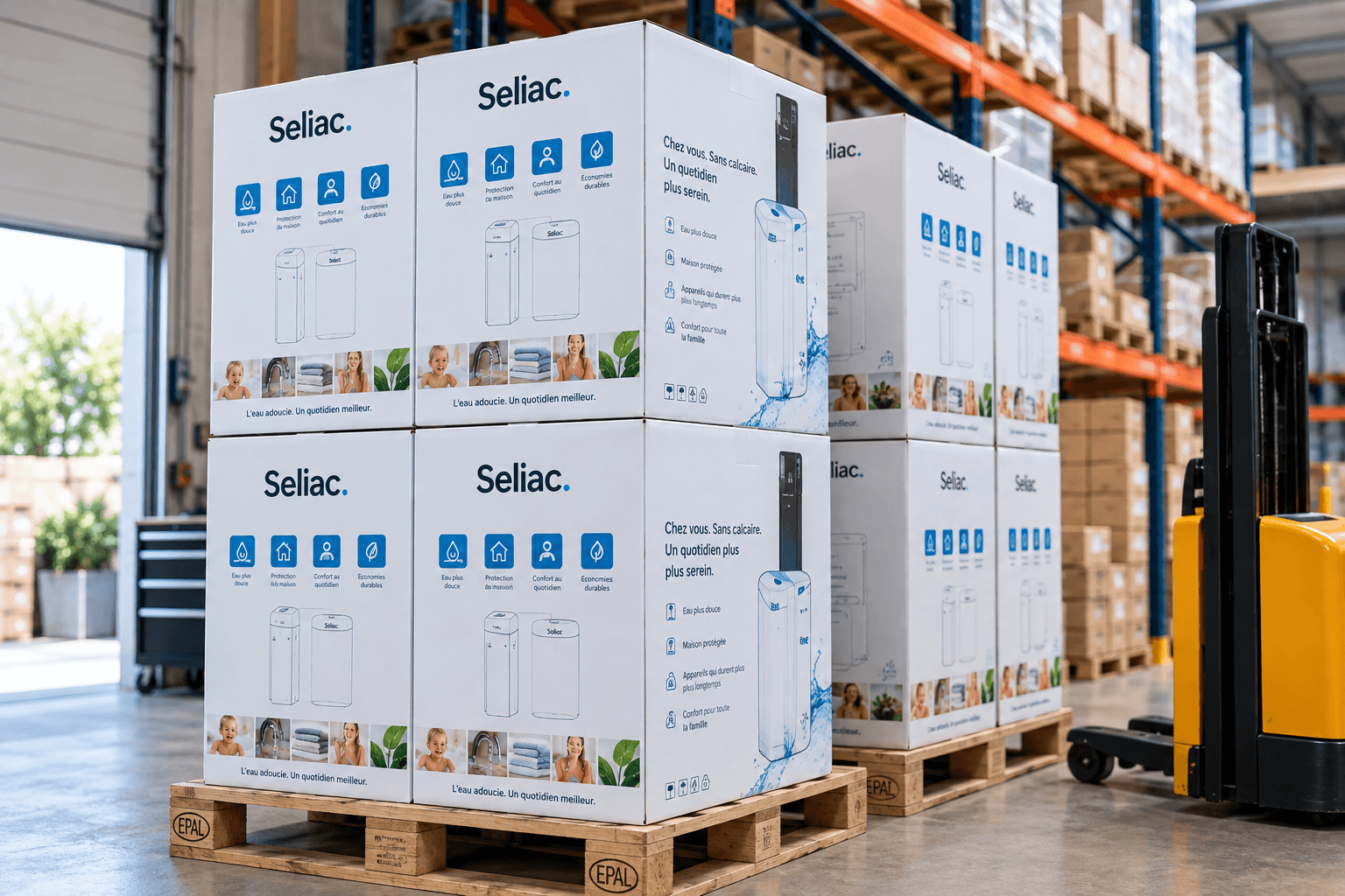Cartons d’adoucisseurs Seliac sur des palettes dans un entrepôt
