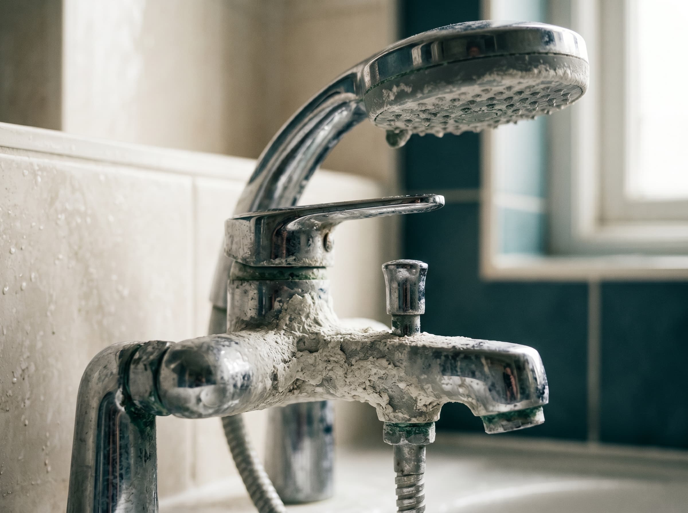 Tartre et calcaire incrustés sur une robinetterie à cause d’une eau dure